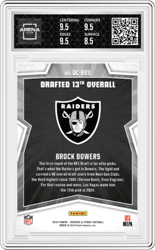 Brock Bowers from the 2024 Panini Rookies & Stars set featuring a Red parallel graded by Arena Club and given an overall grade of 9.