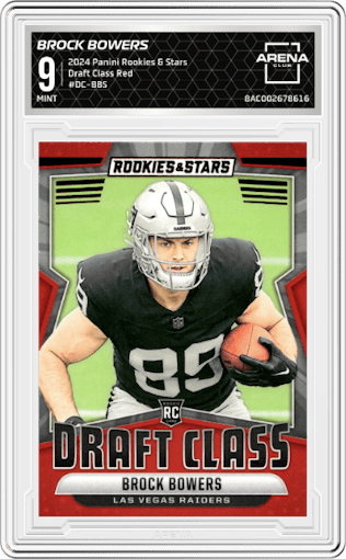 Brock Bowers from the 2024 Panini Rookies & Stars set featuring a Red parallel graded by Arena Club and given an overall grade of 9.