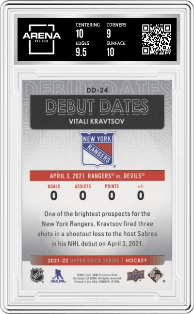 Vitali Kravtsov from the 2021-22 Upper Deck Series 1 set graded by Arena Club and given an overall grade of 9.5.