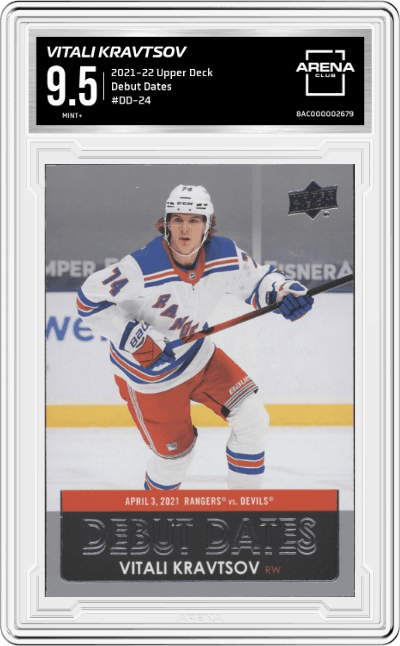 Vitali Kravtsov from the 2021-22 Upper Deck Series 1 set graded by Arena Club and given an overall grade of 9.5.