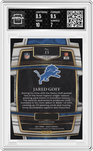 Jared Goff from the 2021 Panini Select set featuring a Die-Cut Black/Gold parallel graded by Arena Club and given an overall grade of 7.5.