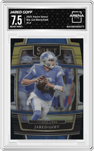 Jared Goff from the 2021 Panini Select set featuring a Die-Cut Black/Gold parallel graded by Arena Club and given an overall grade of 7.5.