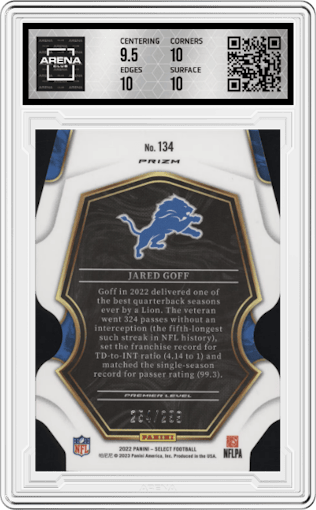 Jared Goff from the 2022 Panini Select set featuring a Die-Cut Neon Green parallel graded by Arena Club and given an overall grade of 10.