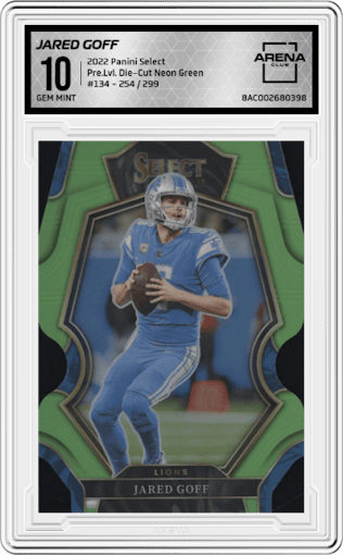 Jared Goff from the 2022 Panini Select set featuring a Die-Cut Neon Green parallel graded by Arena Club and given an overall grade of 10.