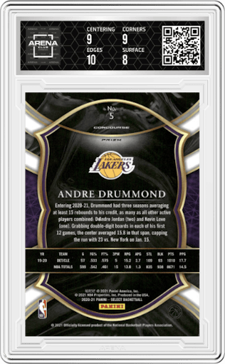 Andre Drummond from the 2020-21 Panini Select  set featuring a Silver Prizm parallel graded by Arena Club and given an overall grade of 8.5.