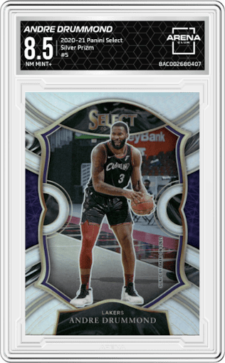 Andre Drummond from the 2020-21 Panini Select  set featuring a Silver Prizm parallel graded by Arena Club and given an overall grade of 8.5.