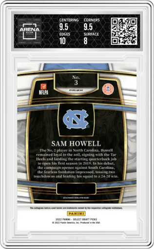 Sam Howell from the 2022 Panini Select Draft Picks set featuring a Red Lazer parallel graded by Arena Club and given an overall grade of 8.5.