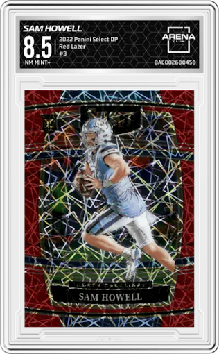 Sam Howell from the 2022 Panini Select Draft Picks set featuring a Red Lazer parallel graded by Arena Club and given an overall grade of 8.5.