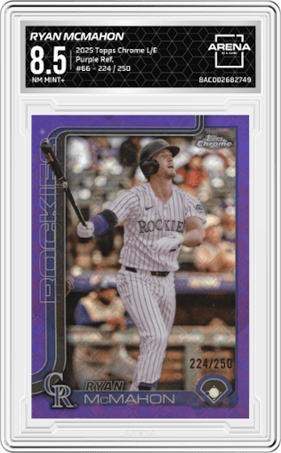 Ryan McMahon from the 2025 Topps Chrome Logofractor Edition set featuring a Purple Refractor parallel graded by Arena Club and given an overall grade of 8.5.