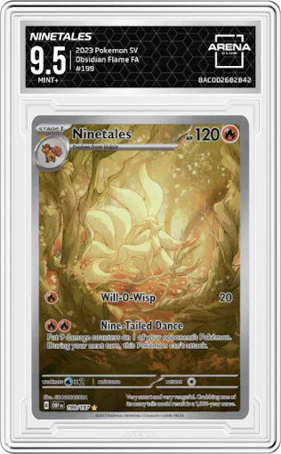 Ninetales from the 2023 Pokemon SV set graded by Arena Club and given an overall grade of 9.5.