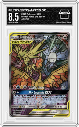 Moltres/Zapdos/Articuno GX from the 2019 Pokemon S&M  set featuring a Hidden Fates Elite Trainer Box parallel graded by Arena Club and given an overall grade of 8.5.