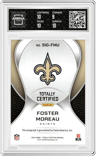 Foster Moreau from the 2024 Panini Totally Certified set graded by Arena Club and given an overall grade of 9.5.
