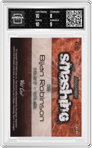 Bijan Robinson from the 2023 Wild Card Alumination Rookie Edition set featuring a Wave Holographic Orange parallel graded by Arena Club and given an overall grade of 8.5.