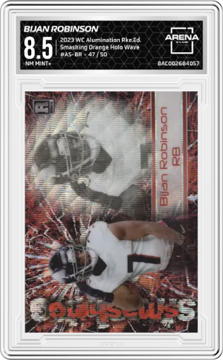 Bijan Robinson from the 2023 Wild Card Alumination Rookie Edition set featuring a Wave Holographic Orange parallel graded by Arena Club and given an overall grade of 8.5.