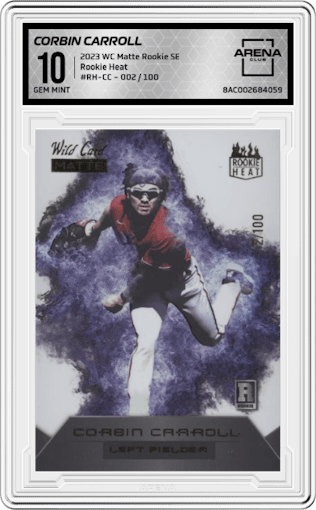 Corbin Carroll from the 2023 Wild Card Matte Rookie Special Edition set graded by Arena Club and given an overall grade of 10.