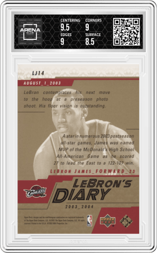 LeBron James from the 2003-04 Upper Deck set graded by Arena Club and given an overall grade of 9.