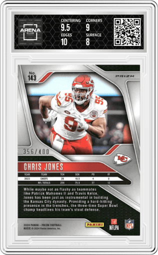 Chris Jones from the 2024 Panini Prizm set featuring a Pandora parallel graded by Arena Club and given an overall grade of 8.5.