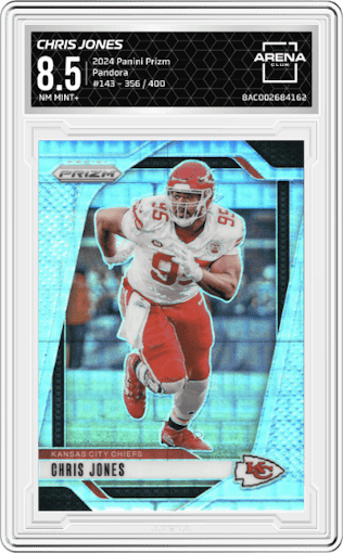 Chris Jones from the 2024 Panini Prizm set featuring a Pandora parallel graded by Arena Club and given an overall grade of 8.5.