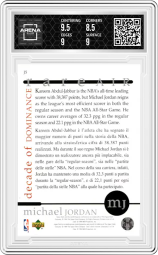 Michael Jordan  from the 1994 Upper Deck Jordan Rare Air set graded by Arena Club and given an overall grade of 9.