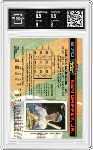 Ken Griffey Jr. from the 1991 Topps Stadium Club set graded by Arena Club and given an overall grade of 8.5.