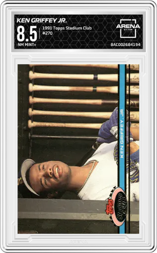 Ken Griffey Jr. from the 1991 Topps Stadium Club set graded by Arena Club and given an overall grade of 8.5.