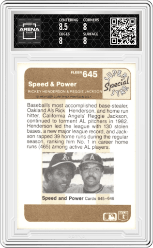 Reggie Jackson from the 1983 Fleer  set graded by Arena Club and given an overall grade of 8.