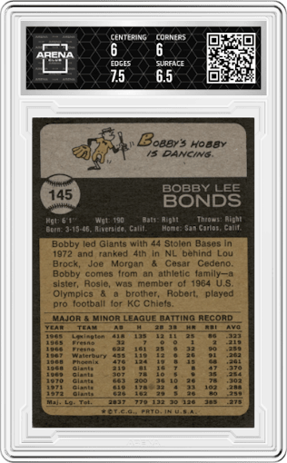 Bobby Bonds from the 1973 Topps set graded by Arena Club and given an overall grade of 6.5.