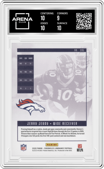 Jerry Jeudy from the 2020 Panini Chronicles set graded by Arena Club and given an overall grade of 9.5.