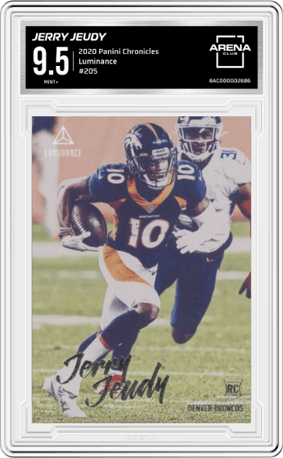 Jerry Jeudy from the 2020 Panini Chronicles set graded by Arena Club and given an overall grade of 9.5.