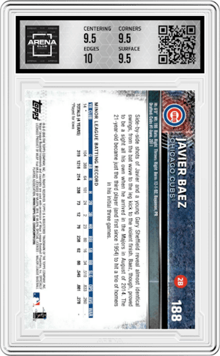Javier Baez from the 2015 Topps Opening Day set featuring a Blue Foil parallel graded by Arena Club and given an overall grade of 10.
