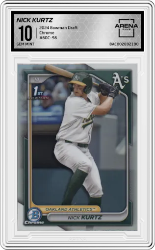 Nick Kurtz from the 2024 Bowman Draft set graded by Arena Club and given an overall grade of 10.