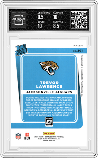 Trevor Lawrence from the 2021 Panini Donruss Optic set featuring a Hyper Red parallel graded by Arena Club and given an overall grade of 9.