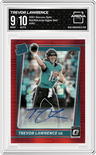 Trevor Lawrence from the 2021 Panini Donruss Optic set featuring a Hyper Red parallel graded by Arena Club and given an overall grade of 9.