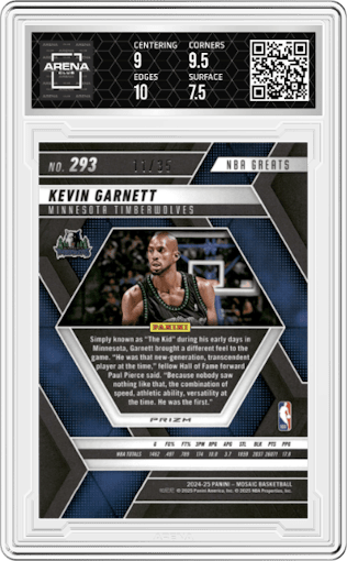 Kevin Garnett from the 2024-25 Panini Mosaic set featuring a Choice White Mosaic parallel graded by Arena Club and given an overall grade of 8.