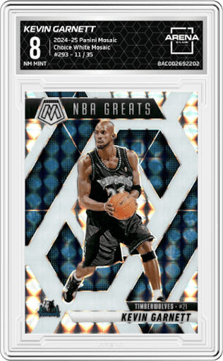 Kevin Garnett from the 2024-25 Panini Mosaic set featuring a Choice White Mosaic parallel graded by Arena Club and given an overall grade of 8.