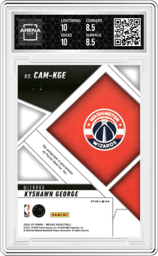Kyshawn George from the 2024-25 Panini Mosaic set featuring a Choice Black Gold parallel graded by Arena Club and given an overall grade of 9.