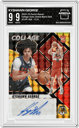 Kyshawn George from the 2024-25 Panini Mosaic set featuring a Choice Black Gold parallel graded by Arena Club and given an overall grade of 9.