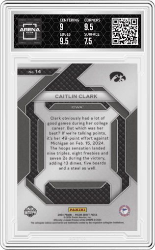 Caitlin Clark from the 2024 Panini Prizm Draft Picks set graded by Arena Club and given an overall grade of 8.