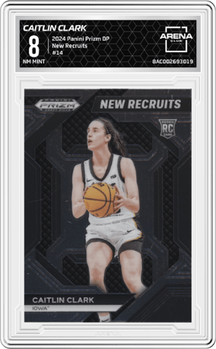 Caitlin Clark from the 2024 Panini Prizm Draft Picks set graded by Arena Club and given an overall grade of 8.