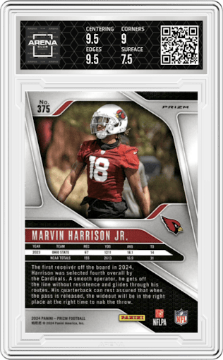 Marvin Harrison Jr. from the 2024 Panini Prizm set featuring a Lazer Prizm parallel graded by Arena Club and given an overall grade of 8.