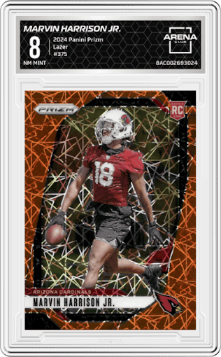 Marvin Harrison Jr. from the 2024 Panini Prizm set featuring a Lazer Prizm parallel graded by Arena Club and given an overall grade of 8.