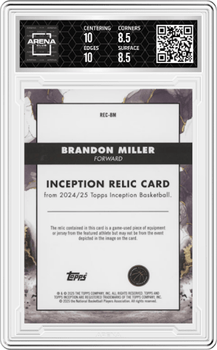  Brandon Miller from the 2024-25 Topps Inception set featuring a Holo Gold parallel graded by Arena Club and given an overall grade of 9.