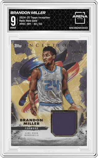  Brandon Miller from the 2024-25 Topps Inception set featuring a Holo Gold parallel graded by Arena Club and given an overall grade of 9.
