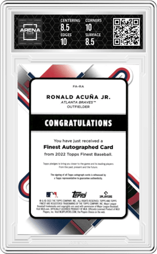 Ronald Acuna Jr. from the 2022 Topps Finest set graded by Arena Club and given an overall grade of 9.