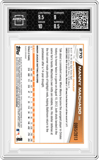 Manny Machado from the 2013 Topps Series 1 set featuring a Gold parallel graded by Arena Club and given an overall grade of 9.