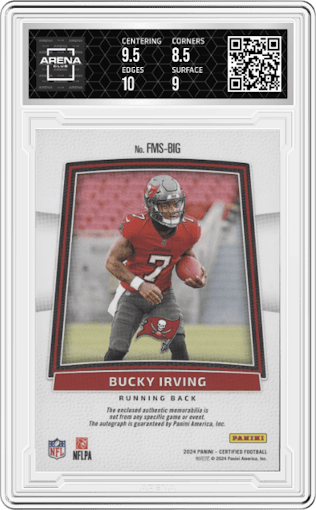 Bucky Irving from the 2024 Panini Certified set featuring a Bronze  parallel graded by Arena Club and given an overall grade of 9.