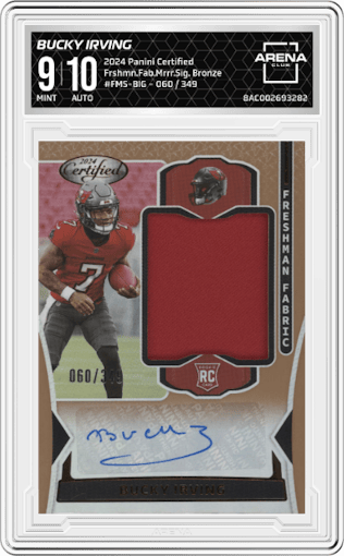 Bucky Irving from the 2024 Panini Certified set featuring a Bronze  parallel graded by Arena Club and given an overall grade of 9.