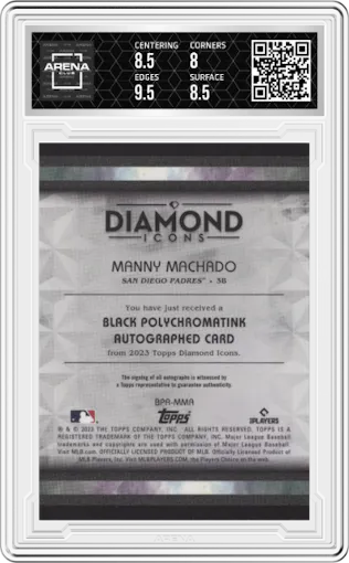 Manny Machado from the 2023 Topps Diamond Icons set featuring a Gold Ink Red parallel graded by Arena Club and given an overall grade of 8.5.