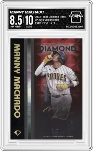 Manny Machado from the 2023 Topps Diamond Icons set featuring a Gold Ink Red parallel graded by Arena Club and given an overall grade of 8.5.