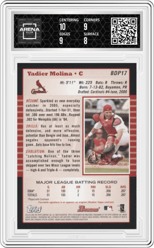 Yadier Molina from the 2005 Bowman Draft Picks & Prospects set graded by Arena Club and given an overall grade of 8.5.